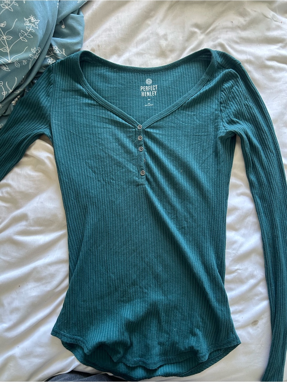 Women's Teal Ribbed Long-Sleeve Henley Top